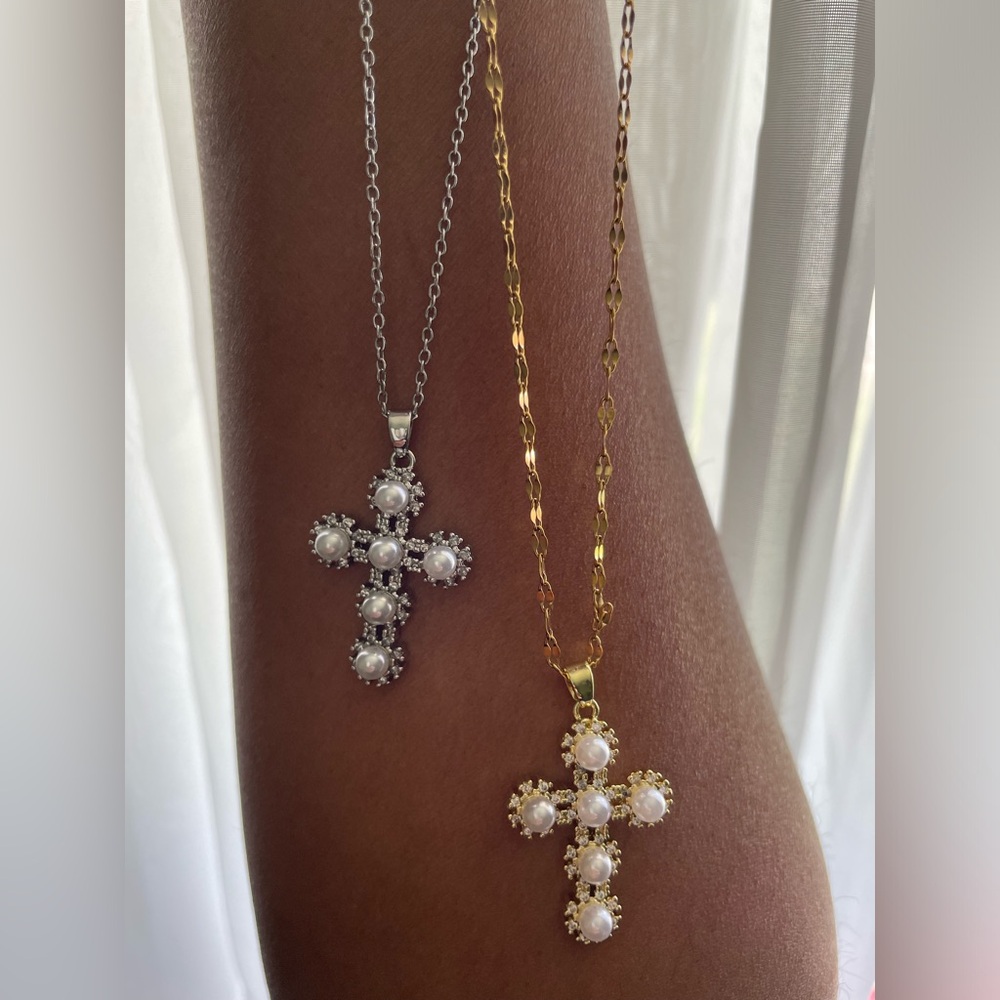 Gold & Silver Pearl Cross Pendant Necklaces (2-Piece Bundle)
